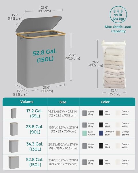 Cos de rufe Gri Songmics 60x38.5x70.5 cm