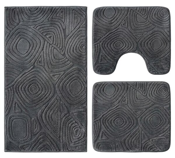 Set covoare baie antiderapante, 3 piese, antracit, textura soft triunghi