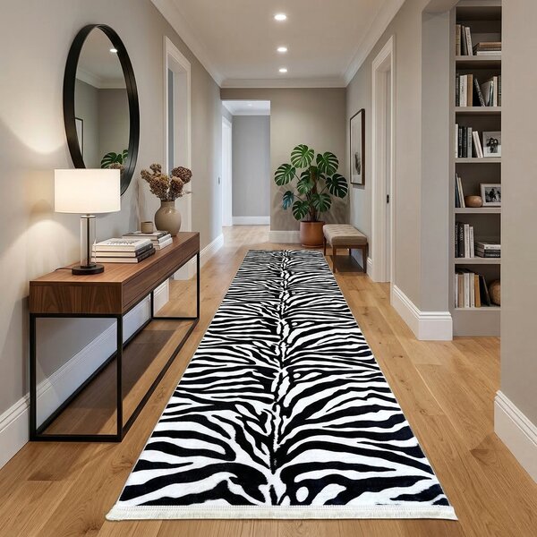 Traversa hol antiderapanta, 80x300 cm, model zebra alb-negru