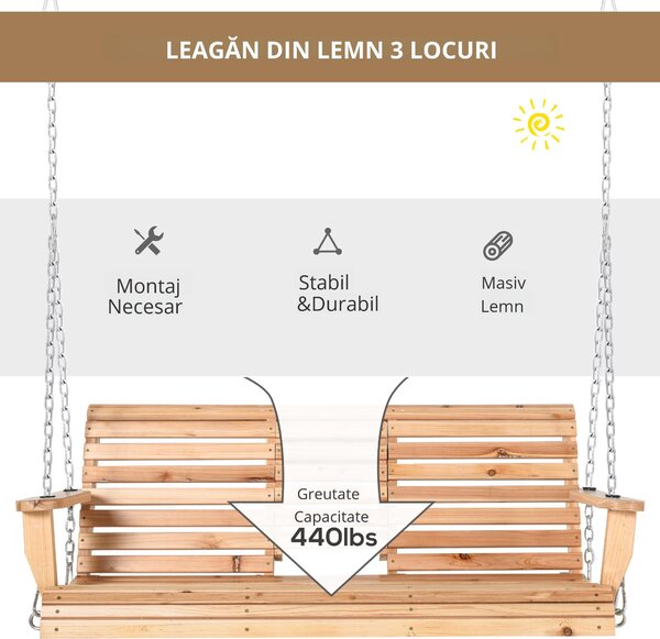 Outsunny Leaganr Gradina Suspendat cu 3 Locuri din Lemn pentru Gradina sau Terasa | Aosom Romania