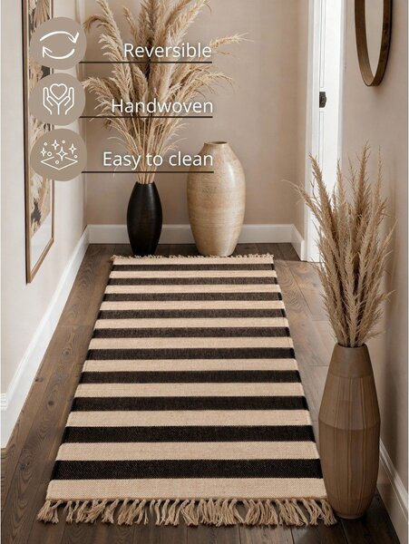 Covor tip traversă negru/crem reversibil/țesut manual din iută 80x200 cm Playa – Hanse Home