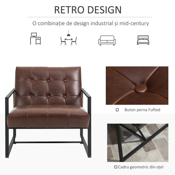Fotoliu Stil Industrial Matlasat cu Nasturi, Mobilier Modern Fotoliu scaun din metal si PU, 62x74x78cm Maro HOMCOM | Aosom RO