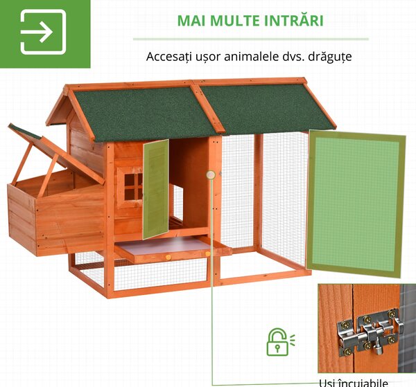 PawHut Cotet din lemn prefabricat cu cuib pentru ouat, compartiment pentru gaini cu tava detasabila, pentru curte interioara si gradina