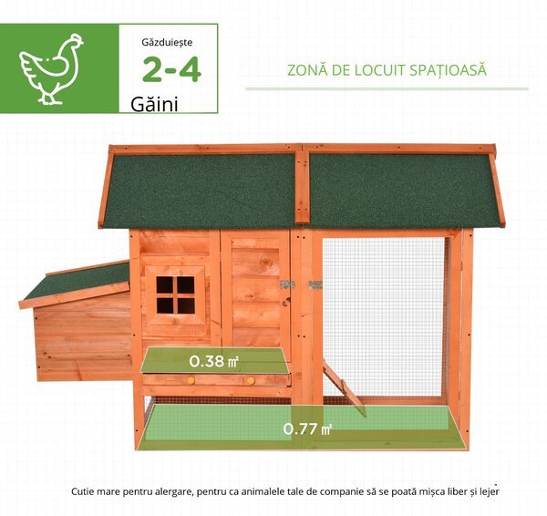 PawHut Cotet din lemn prefabricat cu cuib pentru ouat, compartiment pentru gaini cu tava detasabila, pentru curte interioara si gradina