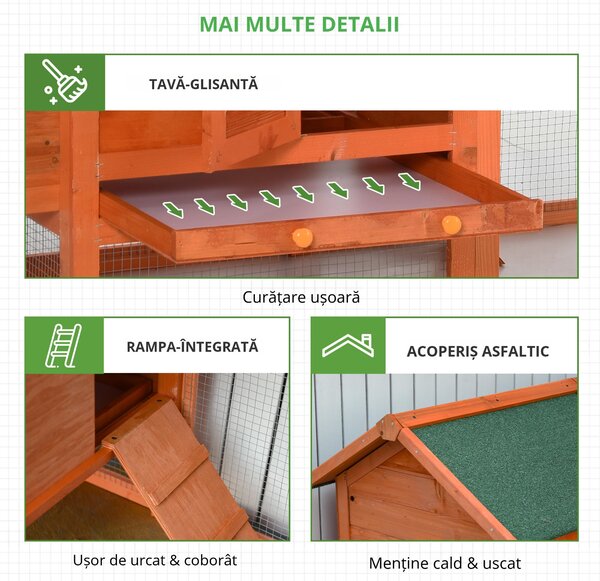 PawHut Cotet din lemn prefabricat cu cuib pentru ouat, compartiment pentru gaini cu tava detasabila, pentru curte interioara si gradina