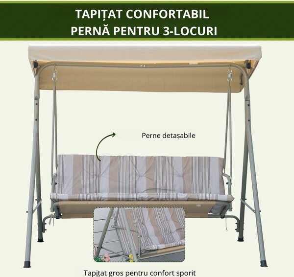 Outsunny Leagan de gradina cu 3 locuri cu structura din otel si baldachin reglabil, perne si cotiere captusite | Aosom Romania