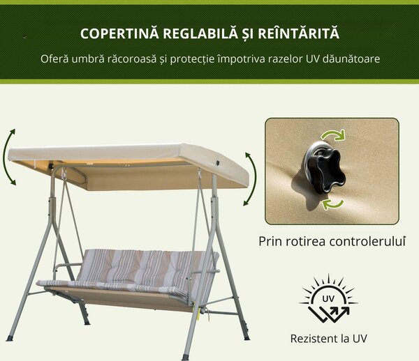 Outsunny Leagan de gradina cu 3 locuri cu structura din otel si baldachin reglabil, perne si cotiere captusite | Aosom Romania