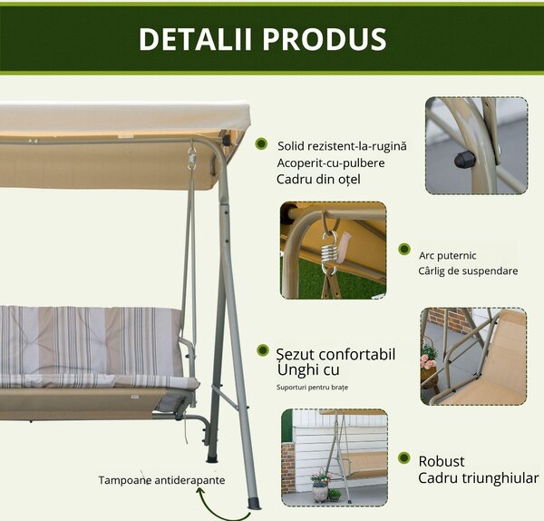 Outsunny Leagan de gradina cu 3 locuri cu structura din otel si baldachin reglabil, perne si cotiere captusite | Aosom Romania