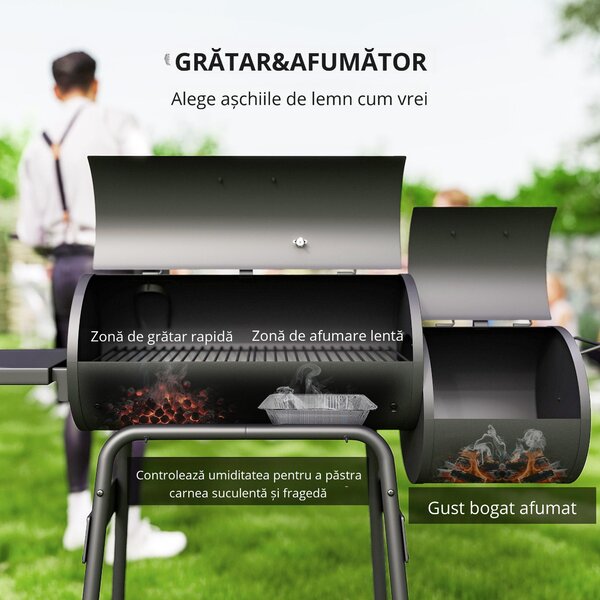 Outsunny Gratar de gradina cu capac si afumator, gratar pe carbune cu rafturi si roti 124x53x104cm, negru | AOSOM RO