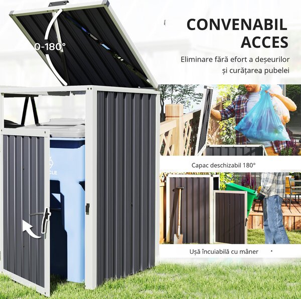 Outsunny Acoperitor pentru Tomberoane de Exterior cu 2 Compartimente, Capac Rabatabil 180°, din Oțel Galvanizat, pentru Grădină sau Patio, 146x81x122 cm, Gri Închis | Aosom Romania
