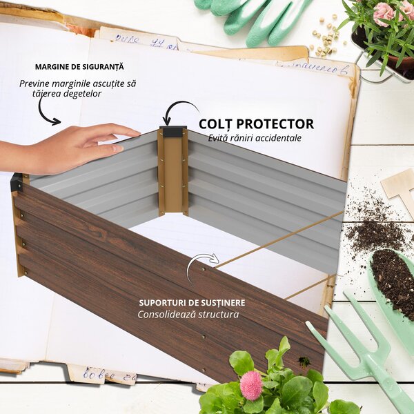 Outsunny Pat de Grădină Ridicat 405L, Jardiniere de Exterior din Oțel Galvanizat cu Bază Deschisă, pentru Plante, Flori și Legume, 240x60x30 cm, Imitație Lemn Închis | Aosom Romania