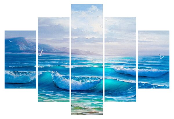 Tablou - Pictură în ulei de mare cu pescăruși (150x105 cm)