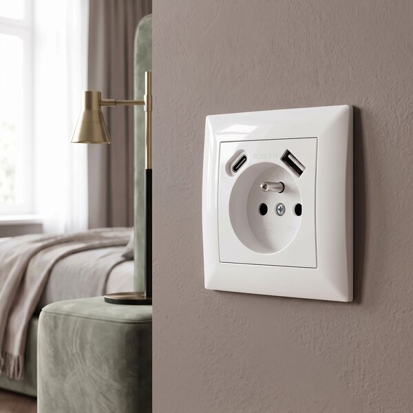 Priză simplă cu împământare + USB-A USB-C OSTE JNH004-G White