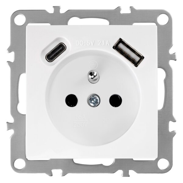 Priză simplă cu împământare + USB-A USB-C OSTE JNH004-G White