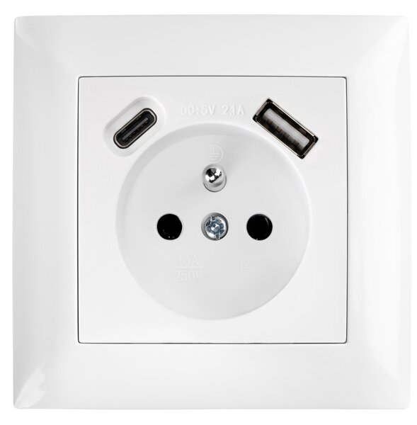 Priză simplă cu împământare + USB-A USB-C OSTE JNH004-G White