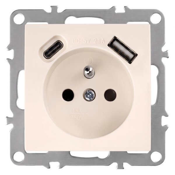 Priză simplă cu împământare + USB-A USB-C OSTE JNH004-G Beige