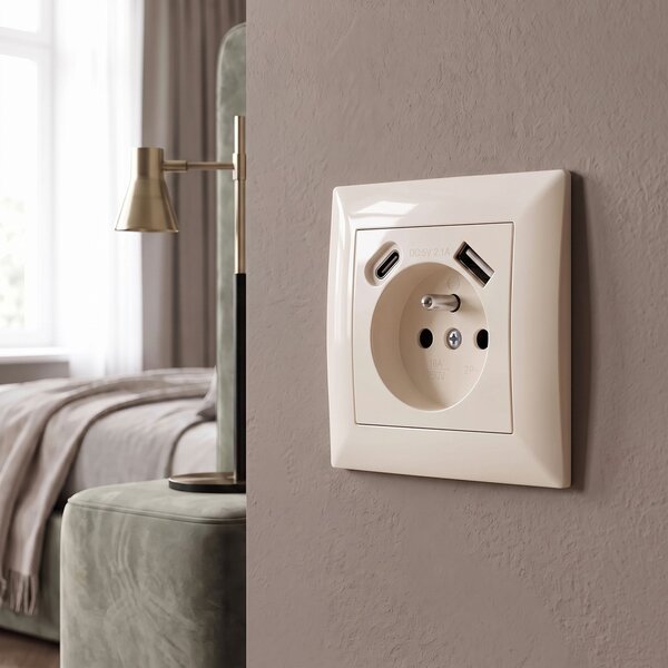 Priză simplă cu împământare + USB-A USB-C OSTE JNH004-G Beige