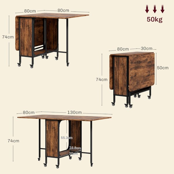 HOMCOM Masă Pliabilă pentru Bucătărie și Sufragerie cu 6 Roți și Raft, Masă de Dining Pliabilă, 80x30x74 cm, Maro Rustic | Aosom Romania