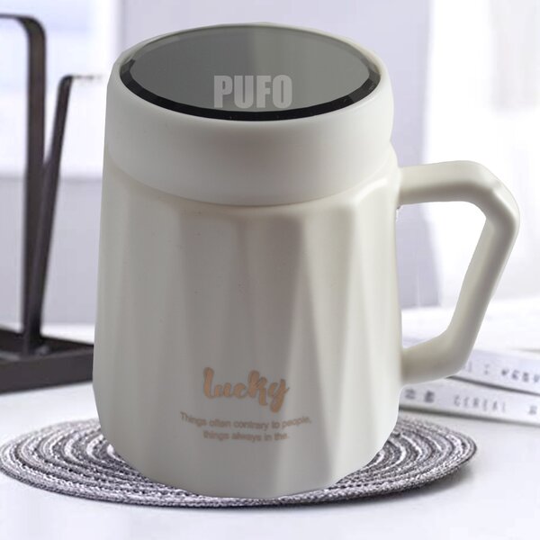Cana din ceramica cu capac Pufo Inspire pentru cafea sau ceai, 350 ml, alb