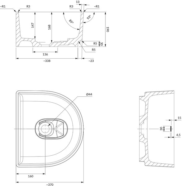Omnires Cadence M+ lavoar 42x37 cm semicircular de blat alb luciu CADENCE420BP