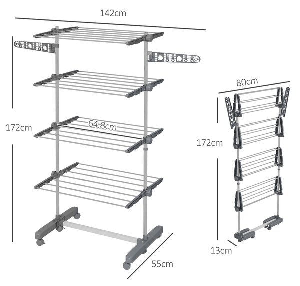HOMCOM Uscător de Rufe Pliabil, Uscător Vertical cu 6 Roți, Cârlige și 4 Rafturi Reglabile, 142x55x172 cm, Argintiu | Aosom Romania