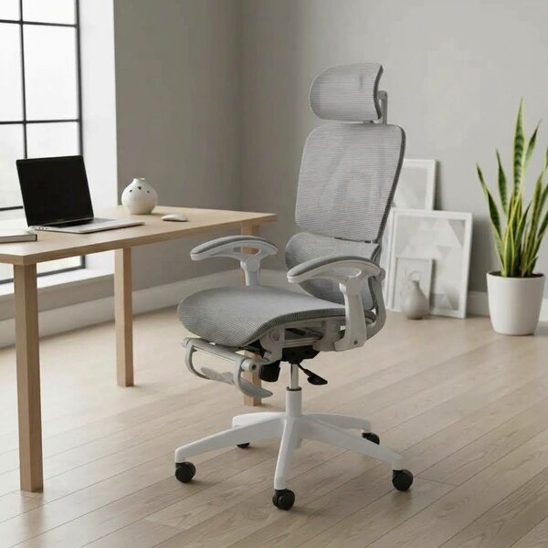 Scaun de birou ergonomic cu suport lombar dinamic, tetiera 3D si cotiere reglabile, mesh alb-gri