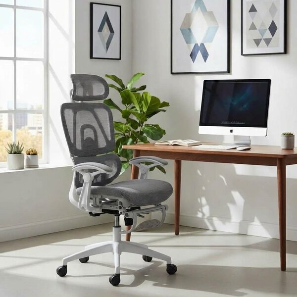 Scaun de birou ergonomic cu suport lombar dinamic, tetiera 3D si cotiere reglabile, mesh alb-gri