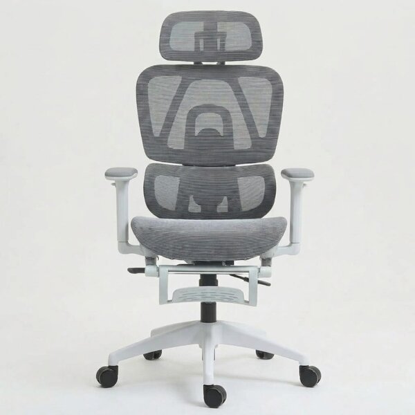 Scaun de birou ergonomic cu suport lombar dinamic, tetiera 3D si cotiere reglabile, mesh alb-gri