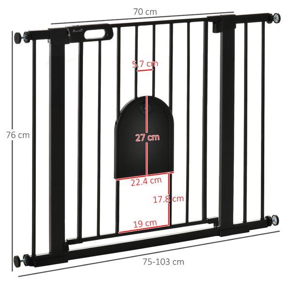 PawHut Barieră Reglabilă pentru Câini cu Ușă Mică, Montare prin Presiune și Închidere Automată, 75-103x76 cm, Negru | Aosom Romania
