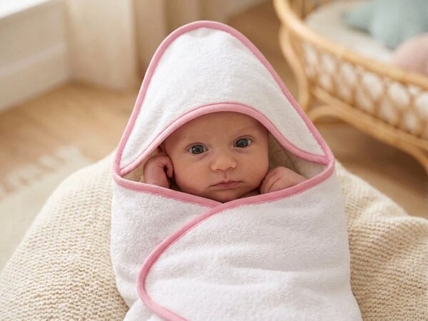 Prosop pentru copii cu gluga BABY 75x75 cm, alb/roz