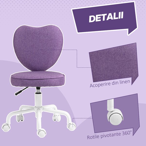 Vinsetto Scaun de Birou în Formă de Inimă cu 5 Rotile Pivotante și Înălțime Reglabilă, 40x50x79-89 cm, Violet | Aosom Romania