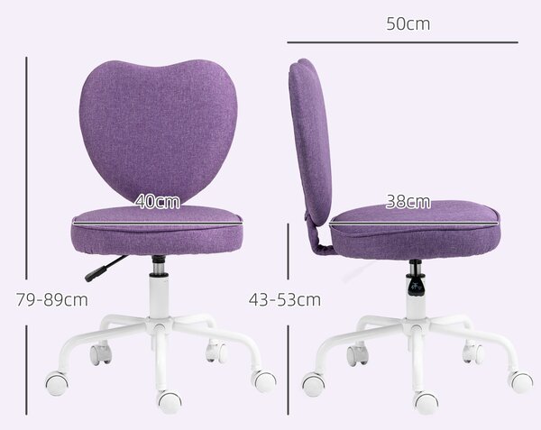 Vinsetto Scaun de Birou în Formă de Inimă cu 5 Rotile Pivotante și Înălțime Reglabilă, 40x50x79-89 cm, Violet | Aosom Romania