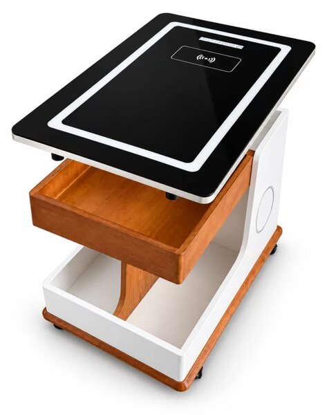 Masuta moderna, incarcare wireless, difuzor bluetooth, blat rotativ-walnut&white