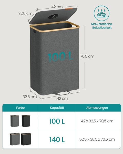 Cos de gunoi reciclare, Roxanne, Songmics, Gri, 42x32.5x70.5 cm