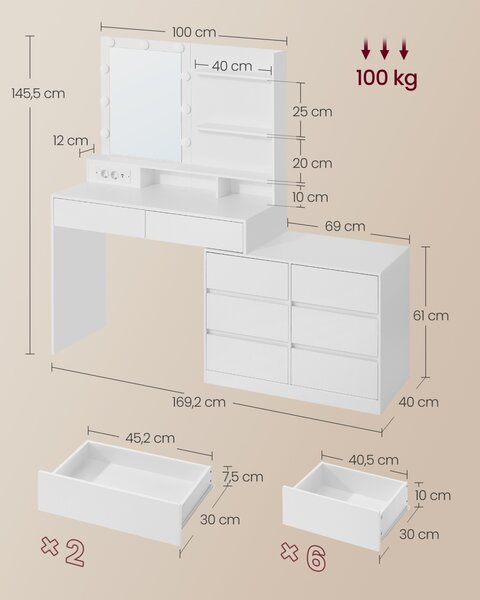 Masa de toaleta cu LED, Kailyn, Vasagle, Alb, 169.2x90x145.6 cm