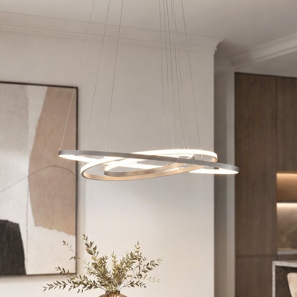 Lucande Lampă suspendată LED Ezana, nichel, metal, Ø 80 cm, reglabil, Gri, Camera de zi / sufragerie, Metal, Modern