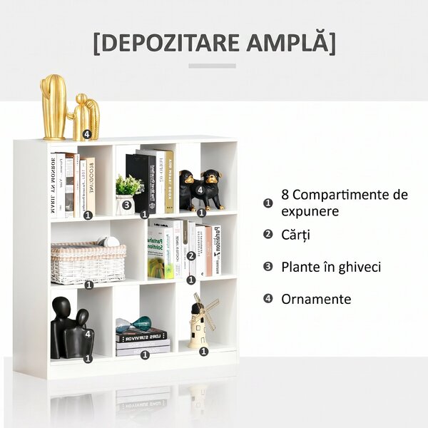 HOMCOM Bibliotecă Raft cu 8 Compartimente, Bibliotecă Modernă pentru Camera de Zi, Dormitor, Birou, 97.5x30x100 cm, Alb | Aosom Romania