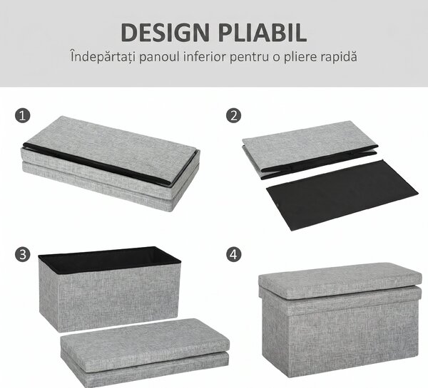 HOMCOM Bancă Pliabilă cu Spătar și Compartiment de 77L, Acoperire din Țesătură, 76x50x73 cm, Gri | Aosom Romania