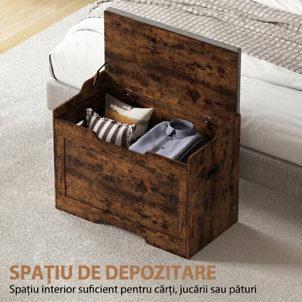 HOMCOM Bancă de Depozitare de 103L Multifuncțională, nuanță de Lemn cu Pernă din Țesătură Gri, 75x40x56 cm | Aosom Romania