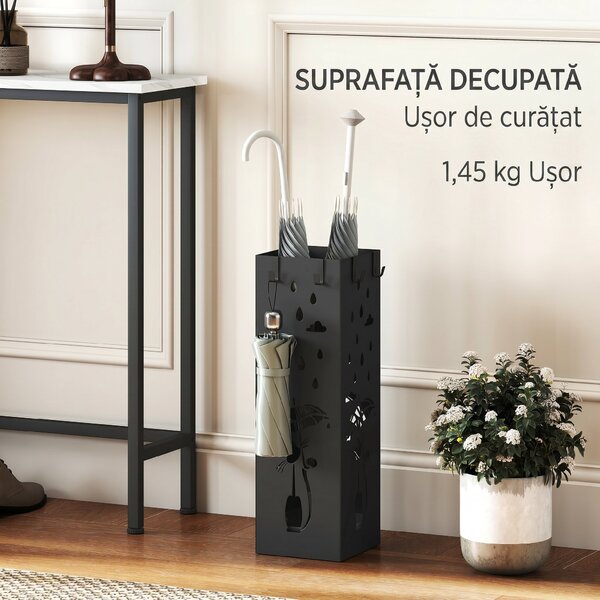 HOMCOM Suport de Umbrele Pătrat din Metal pentru Intrare, Suport Autoportant cu Tavă Detașabilă și 4 Cârlige, pentru Interior și Exterior, 15.5x15.5x49 cm, Negru | Aosom Romania