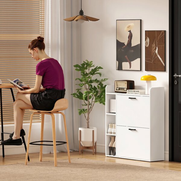 HOMCOM Dulap pentru pantofi slim cu 2 sertare rabatabile și 3 rafturi, Capacitate 15 perechi, 83x24x90.5 cm, Alb | Aosom Romania