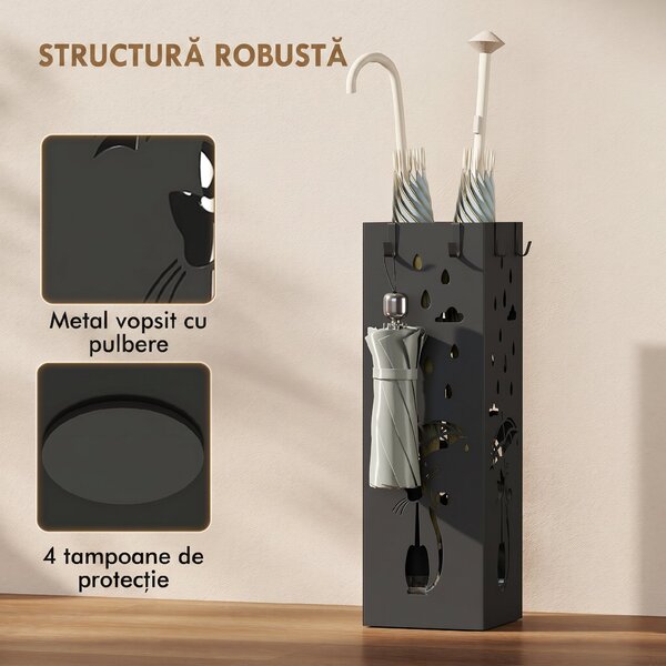 HOMCOM Suport de Umbrele Pătrat din Metal pentru Intrare, Suport Autoportant cu Tavă Detașabilă și 4 Cârlige, pentru Interior și Exterior, 15.5x15.5x49 cm, Negru | Aosom Romania
