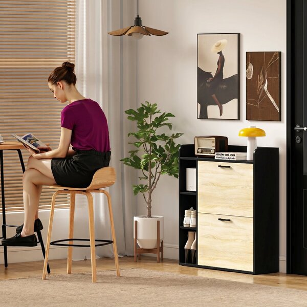 HOMCOM Dulap pentru pantofi slim cu 2 sertare și 3 compartimente deschise, Capacitate 15 perechi, 83x24x90.5 cm, Negru | Aosom Romania
