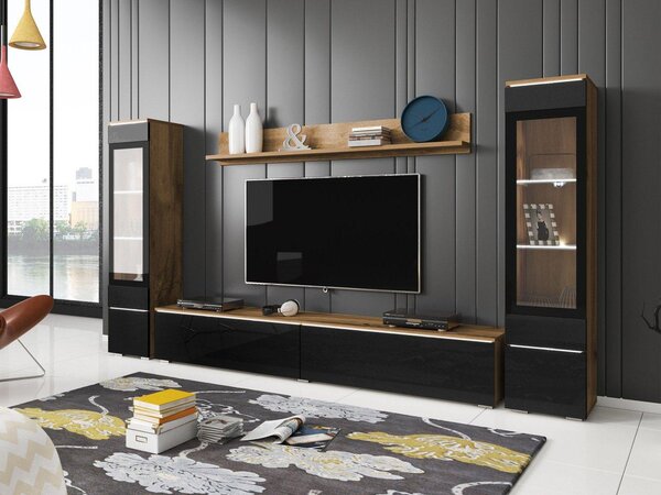 Mobilier living Selwyn II (wotan + Negru lucios ) (iluminat LED Alb). 1054051