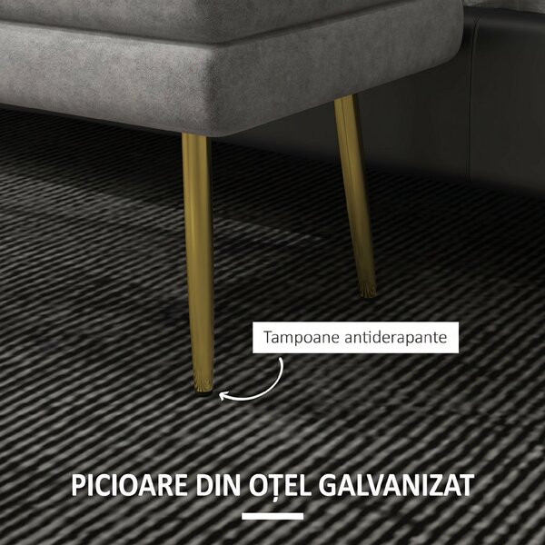 HOMCOM Bancă Otomană Tapițată, Picioare Aurii, Design Modern pentru Living și Dormitor, Gri | Aosom Romania