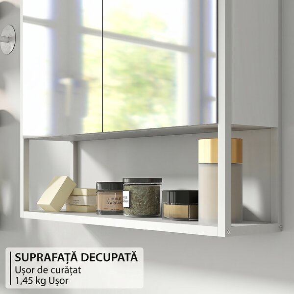 HOMCOM Dulap de Baie de Perete cu Oglindă, Dulap cu Raft Reglabil și Raft Deschis, 60x16x60 cm, Alb | Aosom Romania