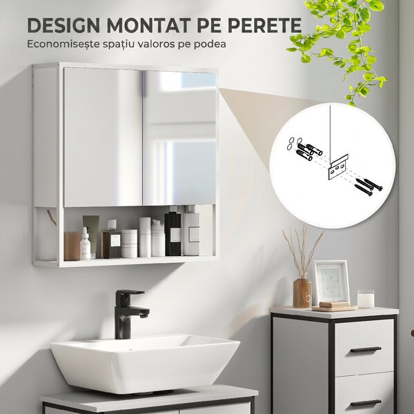 HOMCOM Dulap de Baie de Perete cu Oglindă, Dulap cu Raft Reglabil și Raft Deschis, 60x16x60 cm, Alb | Aosom Romania