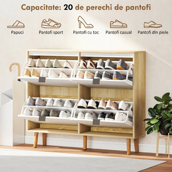 HOMCOM Dulap de pantofi subțire modern cu 4 sertare rabatabile pentru 20 de perechi de pantofi, Alb | Aosom Romania