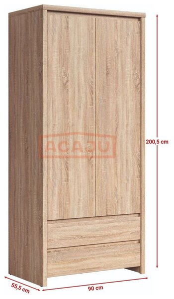 Dulap KASPIAN, stejar sonoma, PAL, cu 2 usi si 2 sertare, 90x56x201 cm