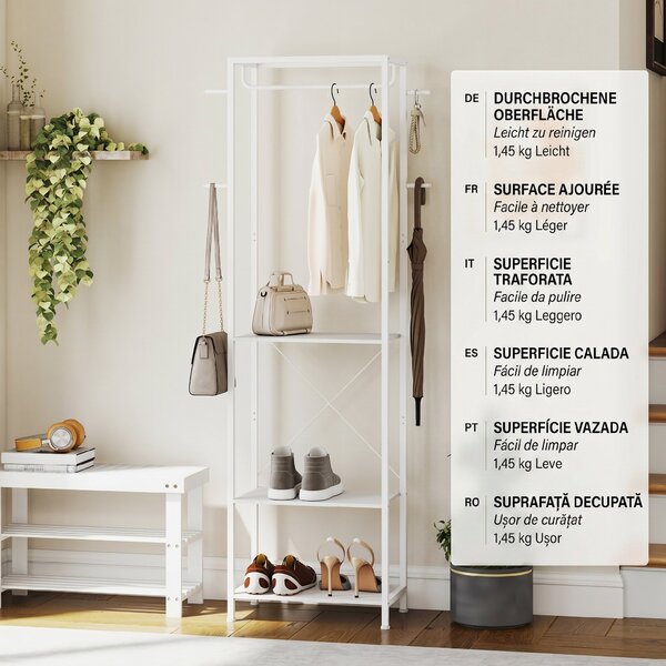 HOMCOM Cuiere de Intrare cu Suport pentru Încălțăminte, Bară pentru Haine, 4 Cârlige, Raft Superior și 2 Rafturi pentru Încălțăminte, 52x30x180 cm, Alb | Aosom Romania